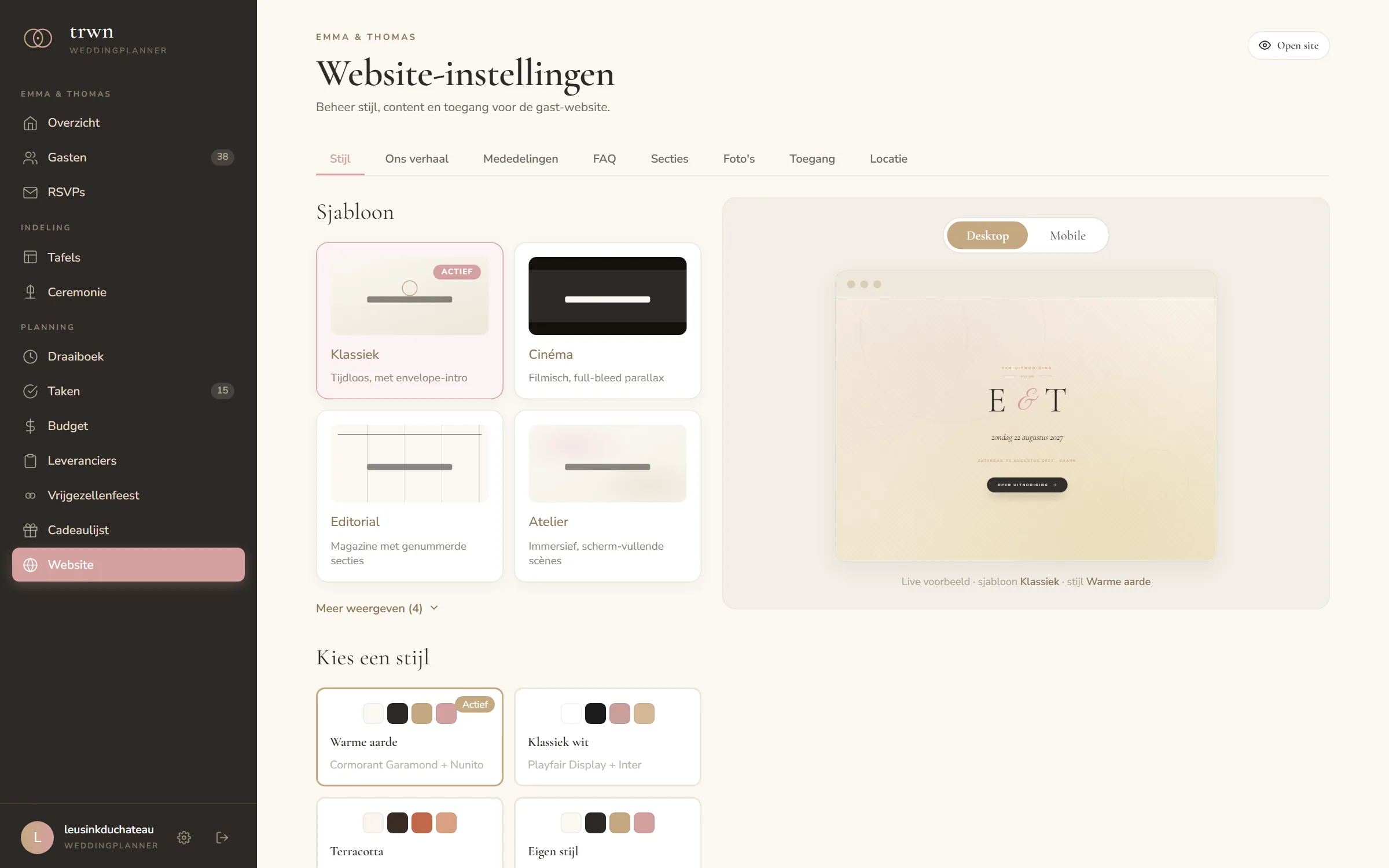 Sjabloonkiezer voor de trouwwebsite in trwn