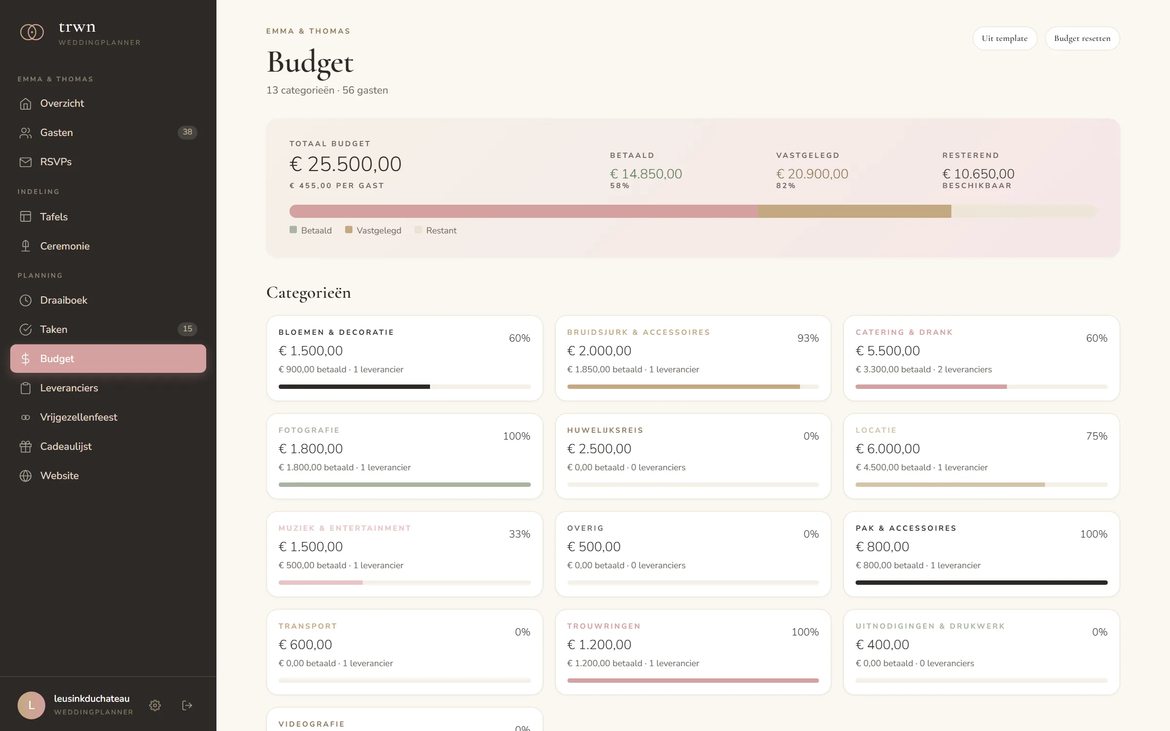 Budgetoverzicht met categorieën en betalingen